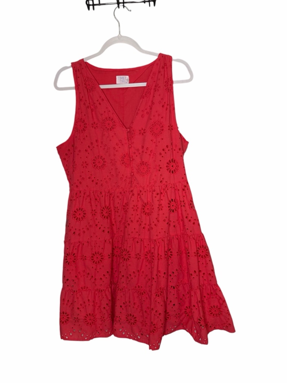 TIME AND TRU Coral Pink Floral Eyelet Tiered Sleeveless Summer Dress Size Large